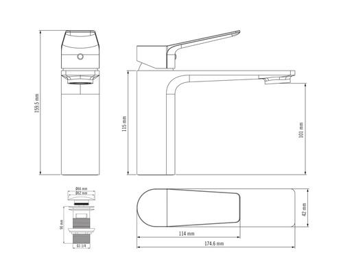Teknisk ritning av en armatur med måttangivelser