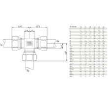 Teknisk ritning av ett T-stycke med måttangivelser