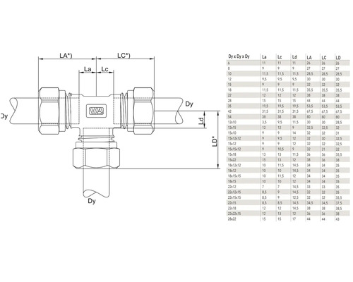 Teknisk ritning av ett T-stycke med måttangivelser