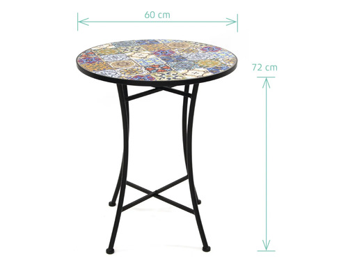 Runt bistrobord med mosaikplatta och metallram, 60 cm diameter och 72 cm högt