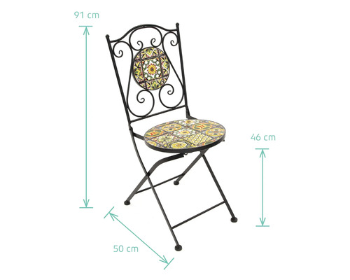 Trädgårdsstol med mosaikmönster, hopfällbar, med måtten 91 cm höjd, 46 cm sitthöjd och 50 cm bredd