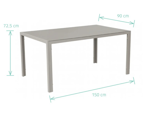 Rektangulärt trädgårdsbord med måtten 150 gånger 90 centimeter och en höjd på 72,5 centimeter.