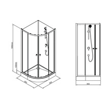 Teknisk ritning av en hörndusch med mått
