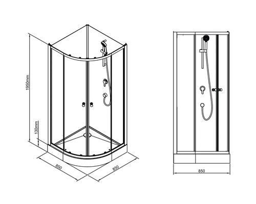 Teknisk ritning av en hörndusch med mått