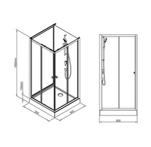 Teknisk ritning av en duschkabin med måtten 900 x 900 x 1950 mm.