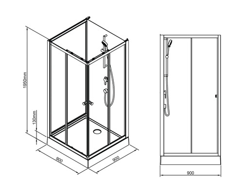 Teknisk ritning av en duschkabin med måtten 900 x 900 x 1950 mm.