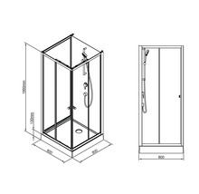 Teknisk ritning av en duschkabin med måtten 800 x 800 x 1950 mm