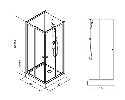 Teknisk ritning av en duschkabin med måtten 800 x 800 x 1950 mm