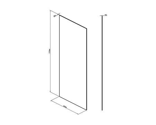 Teknisk ritning av en duschvägg med måtten 2100 mm höjd, 860 mm bredd och 8 mm tjocklek.