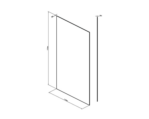 Teknisk ritning av en duschvägg med måtten 2100 mm höjd, 1160 mm bredd och 8 mm tjocklek.