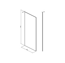 Skiss av en duschvägg med måtten 2100 mm hög, 860 mm bred och 8 mm tjock.