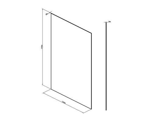 Skiss av en duschvägg med måtten 2100 mm hög, 1360 mm lång och 8 mm tjock