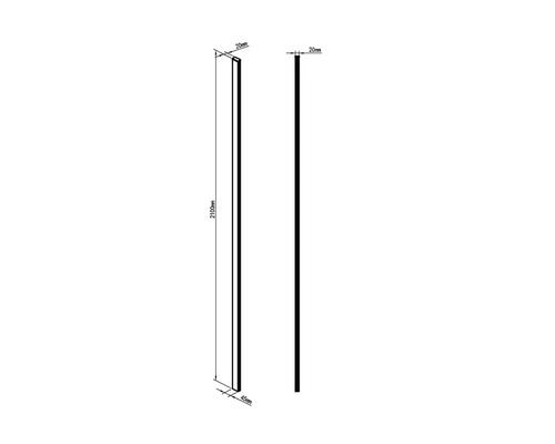 Produktritning med mått: 2100 mm lång, 20 mm bred, 45 mm djup.