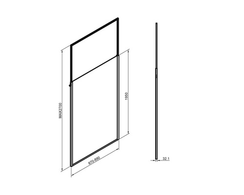 Ritning av en duschväggsprofil med mått