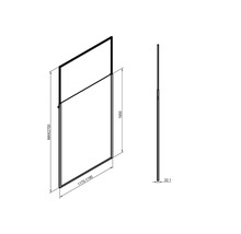 Teknisk ritning av en duschvägg med måttangivelser.