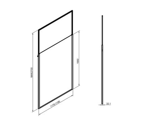 Teknisk ritning av en duschvägg med måttangivelser.