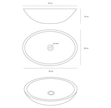 Ritning av en tvättskål med måtten 50 cm x 38 cm x 14 cm.