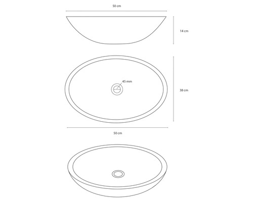 Ritning av en tvättskål med måtten 50 cm x 38 cm x 14 cm.