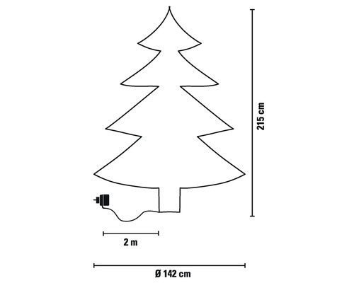 Teknisk ritning julgran med 215 centimeters höjd, 142 centimeters diameter och två meters matarledning