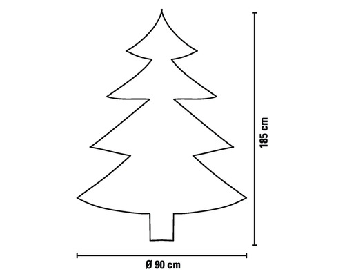 Kontur av en julgran med mått: 185 cm hög, 90 cm diameter
