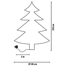 Skiss av en julgran med måtten 210 cm hög, 145 cm diameter och 2 m anslutningskabel