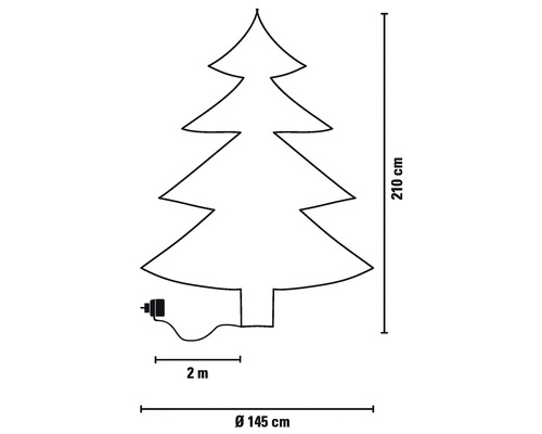 Skiss av en julgran med måtten 210 cm hög, 145 cm diameter och 2 m anslutningskabel
