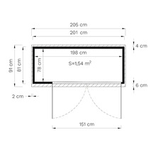 Teknisk ritning med mått på ett trädgårdsskjul
