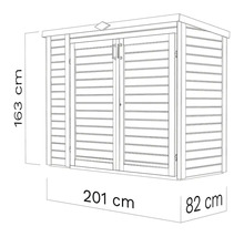 Teknisk ritning av ett redskapsbod med måtten 163 cm hög, 201 cm bred och 82 cm djup.