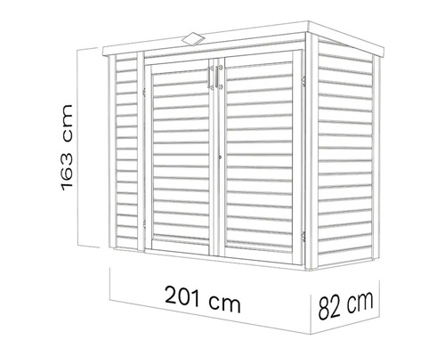 Teknisk ritning av ett redskapsbod med måtten 163 cm hög, 201 cm bred och 82 cm djup.