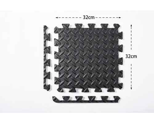 Svart, kvadratisk pusselmatta med 32 centimeters sidlängd och kantbitar
