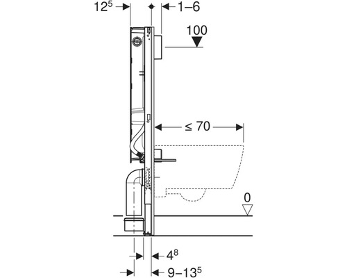 Teknisk ritning av en väggmonterad installation med måttangivelser