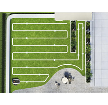 Översikt över en trädgård med en robotgräsklippare som följer en rutt som indikeras av vita pilar