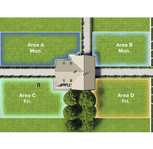 Översikt av ett hus med trädgård, indelad i klippområden med schema