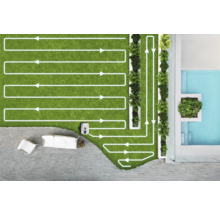 Översikt av en trädgård med en robotgräsklippare som visar sin rutt med linjer med pilar