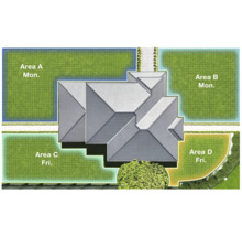 Översikt av ett hus med trädgårdsytor och bevattningsplan.