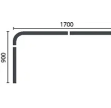 Skiss över en hörnduschkabin med måtten 1700 x 900 mm