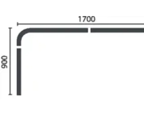 Skiss över en hörnduschkabin med måtten 1700 x 900 mm