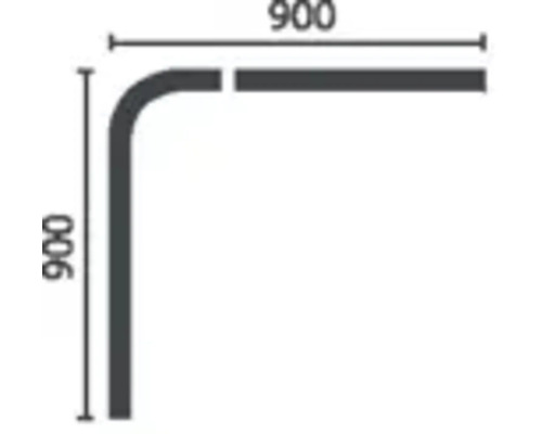 Teknisk ritning av en L-formad profil med måtten 900 x 900 mm.