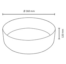 Skiss av en växtskål med måtten diameter 360 millimeter och höjd 120 millimeter