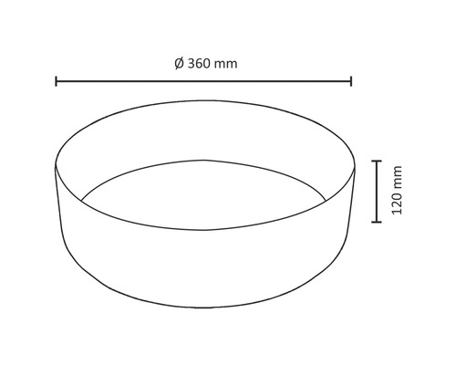 Skiss av en växtskål med måtten diameter 360 millimeter och höjd 120 millimeter
