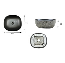 Tre vyer av en tvättställsskål med måttangivelser.