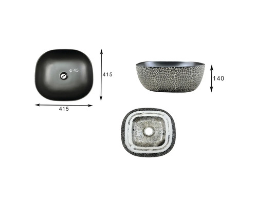 Tre vyer av en tvättställsskål med måttangivelser.