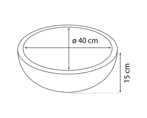 Ritning av en växtskål med måtten diameter 40 centimeter och höjd 15 centimeter