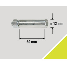 Bild på en bult med mutter och måttangivelser: diameter 12 mm, längd 60 mm.