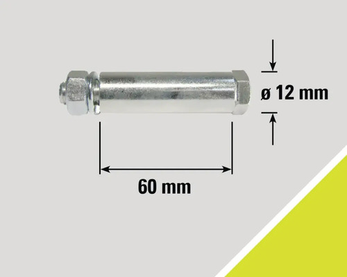 Bild på en bult med mutter och måttangivelser: diameter 12 mm, längd 60 mm.