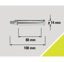 Illustration av en bult med måtten 100 millimeter längd, 88 millimeter gänglängd och 14 millimeter diameter