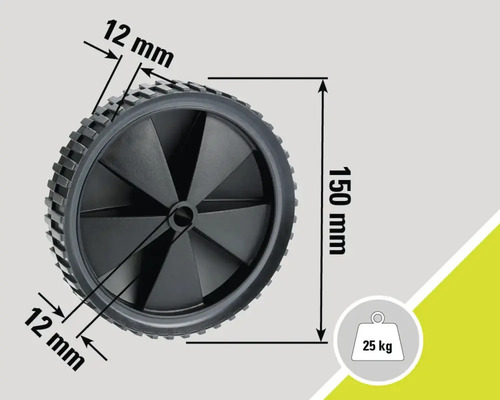 Hjul med måtten 150 mm diameter och 12 mm bredd, belastning upp till 25 kilogram