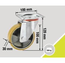 Svängbart hjul med måtten 100 mm x 100 mm (platta), 128 mm (höjd) och 30 mm (hjul tjocklek). Lastkapacitet upp till 200 kg.