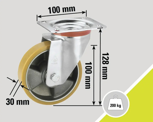 Svängbart hjul med måtten 100 mm x 100 mm (platta), 128 mm (höjd) och 30 mm (hjul tjocklek). Lastkapacitet upp till 200 kg.