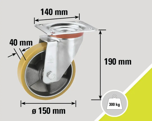 Svängbart hjul med måtten 140 mm x 150 mm x 190 mm och en lastkapacitet på 300 kg